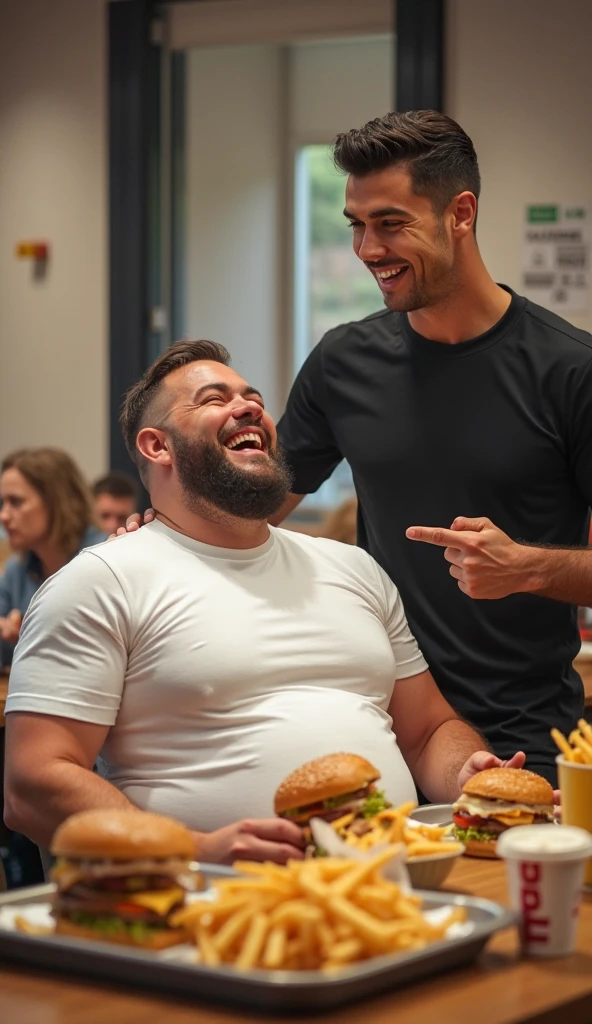 A young, overweight blonde woman in a gym next to a muscular taco vendor.