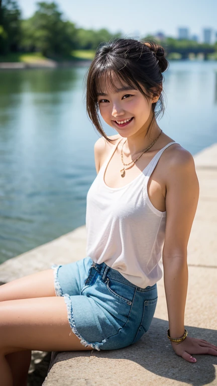 ((No clothes))、Spread your legs、(Stand on both knees)、Spread your legs、((Open your crotch))、Detailed vagina、pores、Accuracy、Completely naked、Detailed vagina、Thick pubic hair、(Realistic clitoris) 、((Armpit showing pose))、Red High Heels、From below、Japanese women、Best image quality、Ultra-high resolution、Tabletop、Photo quality(Photorealistic:1.8)、((Skinny baby face))、Black-haired、((Flat chest))、skinny、Dimples、short hair、Very short hair、Very thin girl、Small breasts、AA Cup Breast 、Very small hips、Very thin arms、Very slender body、Very slender legs、Leaning on a park bench、Dazzling sunlight、Reflected light from the reflector、Lights from the front、smile、Look forward、((Looking into the camera))、Background blur