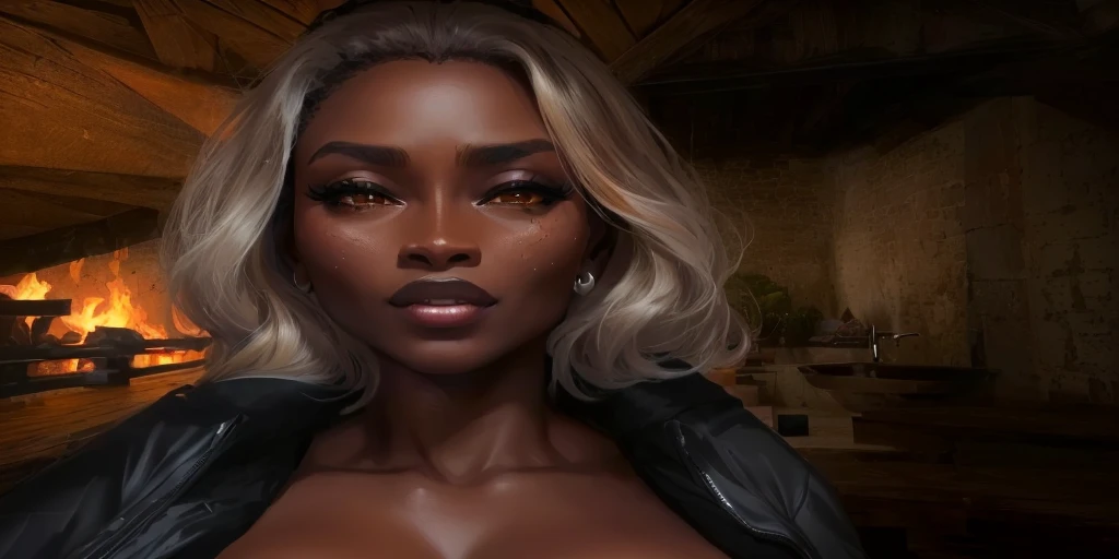 dark skinned female with long blonde hair, wearing fishnets, wearing mesh sleeveless top, relaxing on chair, wearing black mini skirt