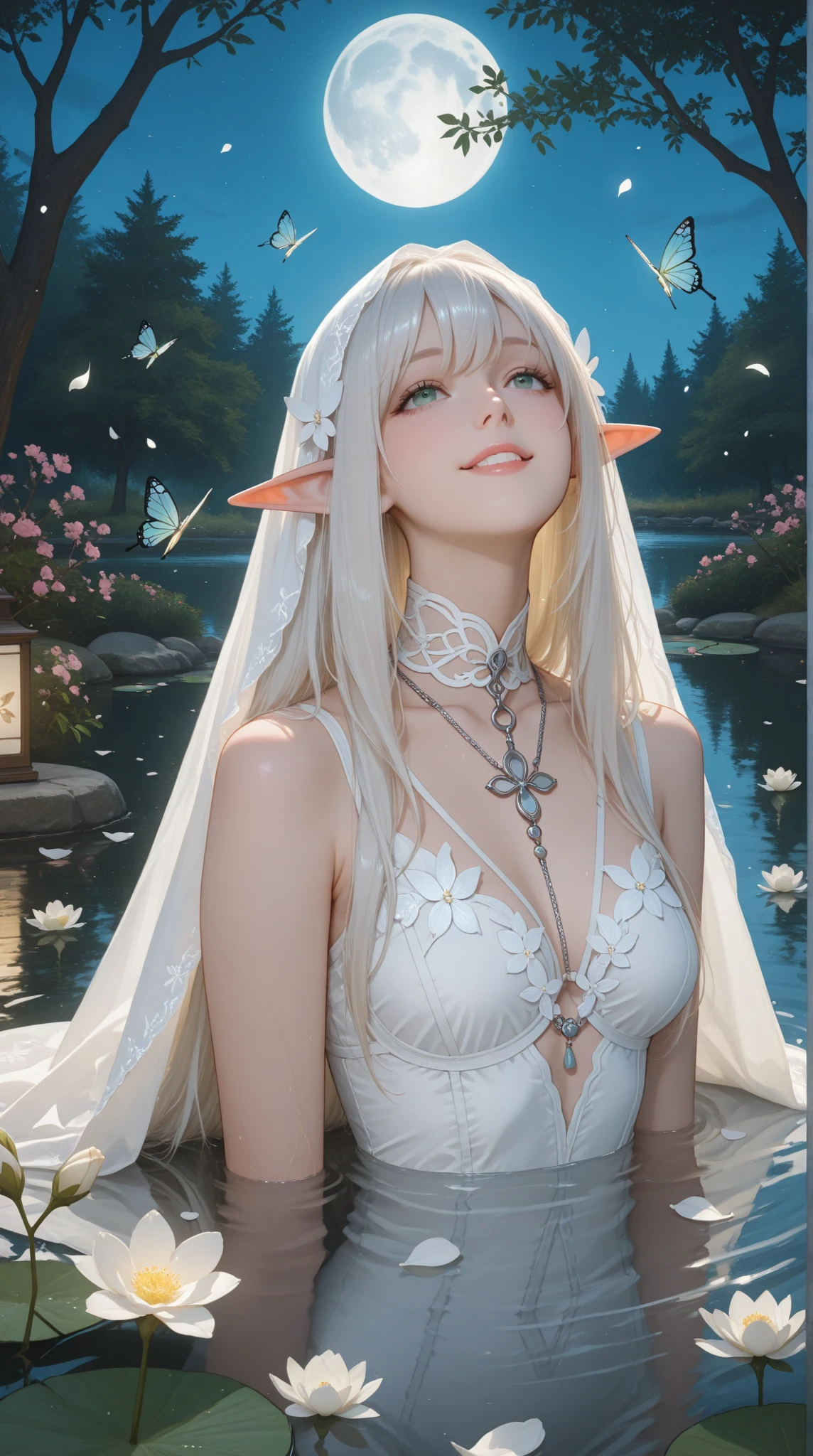 beautiful female elf with white hair with two pigtails, green eyes, big pointy ears, short white dress with gold details, black tights and brown boots, wonderful and magical forest