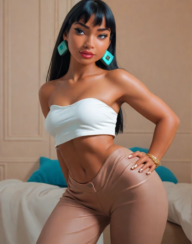 Femme aux cheveux noirs dans une chambre d&#39;hotel and crop top, Portrait doux photographié 8K, magnifique jeune mannequin, Belle fille, Cheveux blackirs de déesse with a beautiful makeup, Portrait de renard Magan, beautiful model, femme magnifique, Porte une tenue élégante, visage fin, jeune, Actrice pornographique