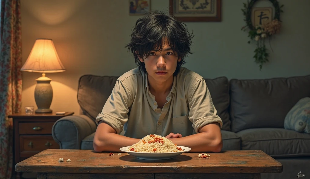 Young man , face perfect, honey eyes , skinny sexy , wearing no shirt, muscular straight rebellious hair, He is sitting at the table eating cornmeal cake with coffee., dirty poor kitchen, falling apart, in favela , He's hungry , is 15 years old