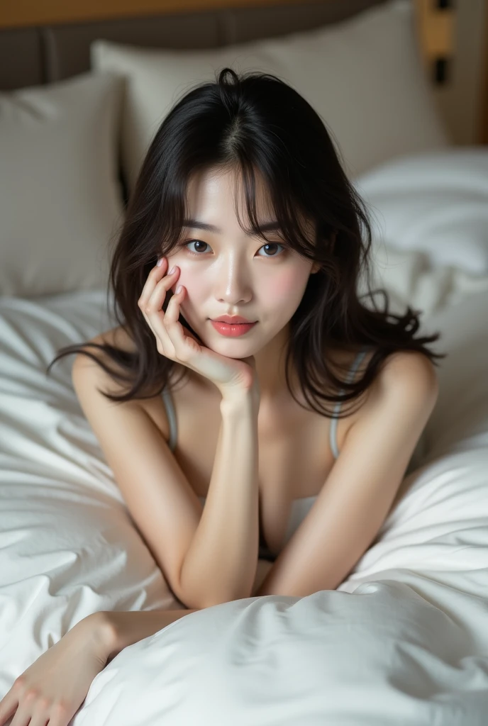 Japanese girl、Perfect Face、White bed、lingerie、Beautiful brown hair long