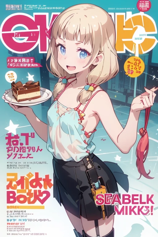 (small breasts:1.2), (perky chest:1.2), (pointed chest:1.2), (Pudding cake magazine cover:1.3),(from above:1.0),(shoot from the side:1.1),masterpiece, 1girl, Amazing Cleavage:1.1, thin waist, optimum,tmasterpiece,hight resolution,best qualtiy,hyper HD,super detailing,awardwinning,a 18yo cute girl,(The upper part of the body),anatomy correct,Beautiful Black miniskirt,garters,Gaze,Small face,bangss,holster,Beautuful Women,hands up,leg holster,Gaze,black boots,Cowboy Shot,cute face,a blond,Longhaire,Twin-tailed,Braids, Hairline,(scarlet eyes),long eyelasher,Hanging eye corners,White skin of the, ((see through camisole:1.1)), ((Sheer nipples:1.0)),Rocket Tits,(Slim body),smile,seductive weak smiling,(with sparkling eyes and a contagious smile),little open mouth, Looking at Viewer,