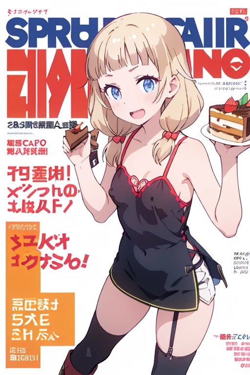 (small breasts:1.2), (perky chest:1.2), (pointed chest:1.2), (Pudding cake magazine cover:1.3),(from above:1.0),(shoot from the side:1.1),masterpiece, 1girl, Amazing Cleavage:1.1, thin waist, optimum,tmasterpiece,hight resolution,best qualtiy,hyper HD,super detailing,awardwinning,a 18yo cute girl,(The upper part of the body),anatomy correct,Beautiful Black miniskirt,garters,Gaze,Small face,bangss,holster,Beautuful Women,hands up,leg holster,Gaze,black boots,Cowboy Shot,cute face,a blond,Longhaire,Twin-tailed,Braids, Hairline,(scarlet eyes),long eyelasher,Hanging eye corners,White skin of the, ((see through camisole:1.1)), ((Sheer nipples:1.0)),Rocket Tits,(Slim body),smile,seductive weak smiling,(with sparkling eyes and a contagious smile),little open mouth, Looking at Viewer,
