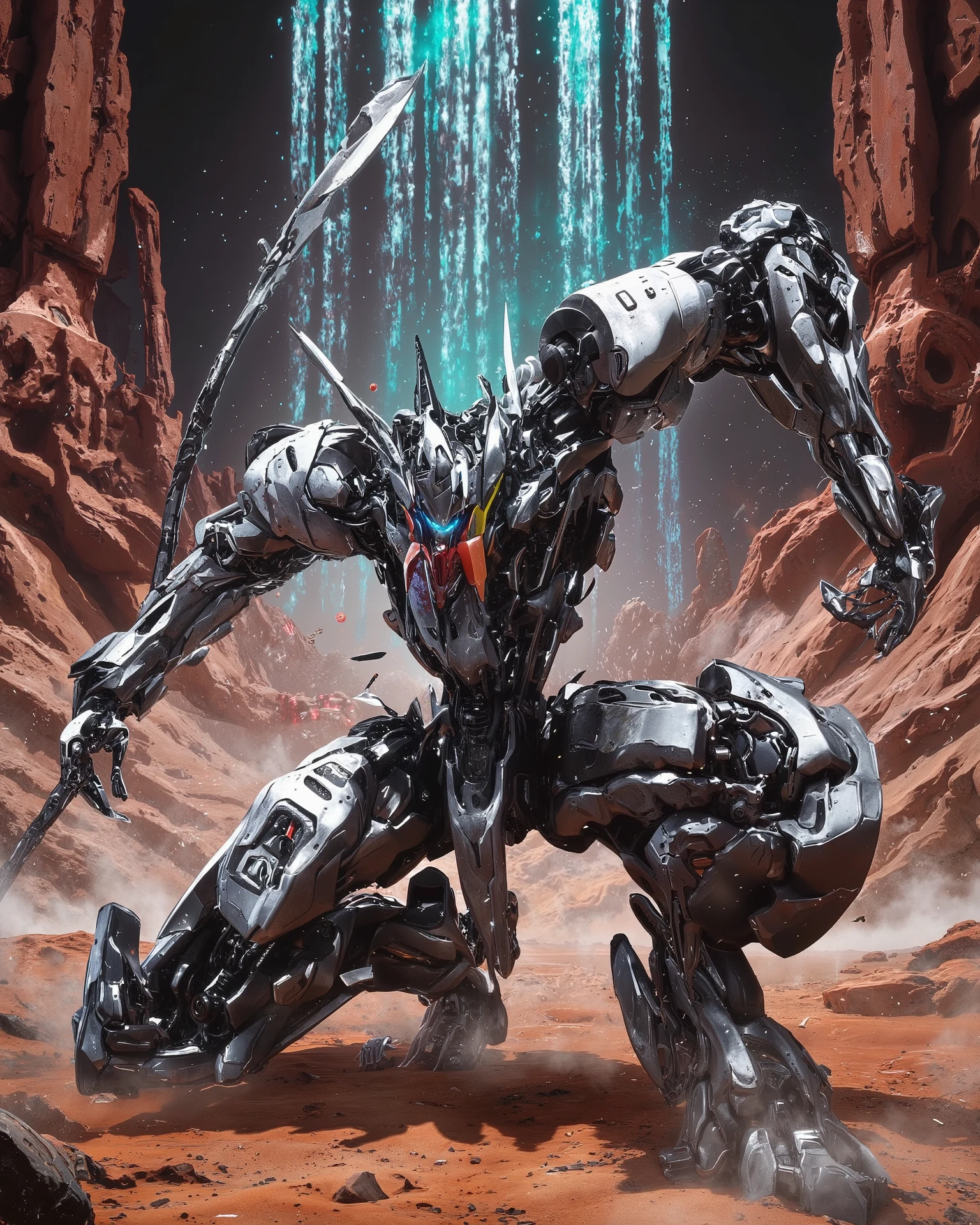Hyperrealism, photographic, of an action scene with a dynamic angle shot, using Mech01, mecha, SCI_FACTOR_CORE. Gundam_Barbatos, B4RBAT0S, on a Martian battlefield, red sand, red canyons. Mobile Suit Barbatos is collecting energy for a final attack, lots of particle effects flowing into the torso of the mobile suit. On knees, arms open in a power pose.