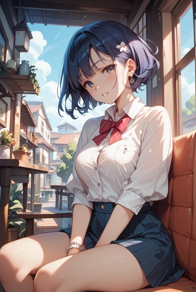 (masterpiece:1.2, highest quality), beautiful illustrations, (natural side lighting, movie lighting), NSFW, looking at the viewer, 1 girl, Japanese, perfect face, Cute symmetrical face, shiny skin, gray purple hair, blue eyes, Long Eye Lasher, (medium breasts), thin, narrow butt,beautiful hair, beautiful face, beautiful and fine eyes, beautiful clavicle, beautiful body, beautiful breasts, beautiful thighs, beautiful fingers, beautiful ass ((white collared shirts, box pleated mini skirt), (beautiful scenery), evening, (cute smile, open the mouse a little), All limbs, - Angle, front photo, half-body:0.6, detailed eyes, eyes extremely detailed, cleavage