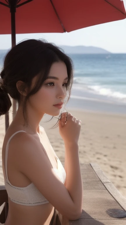 (masterpiece, 8k, best quality, RAW photo, photo realistic, ultra detailed), (insanely detailed and intricate:1.2), (beautiful Japanese girl), slender, 20yo, kawaii, cute, detailed face, detailed eyes, brown eyes, (thin eyebrow), detailed skin, (light brown hair), (wavy hair), (medium hair), blush, (small breasts), cleavage, (white cropped brause:1.4), (flare skirt), earrings, (necklace), bracelet, (looking at viewer:1.4), (close-up face:1.1), (seductive pose:1.2), (standing:1.2), (reaching out), (wistful smile), (straw hat), BREAK (overlooking turquoise sea), (sunlight), (beach), (cowboy shot)