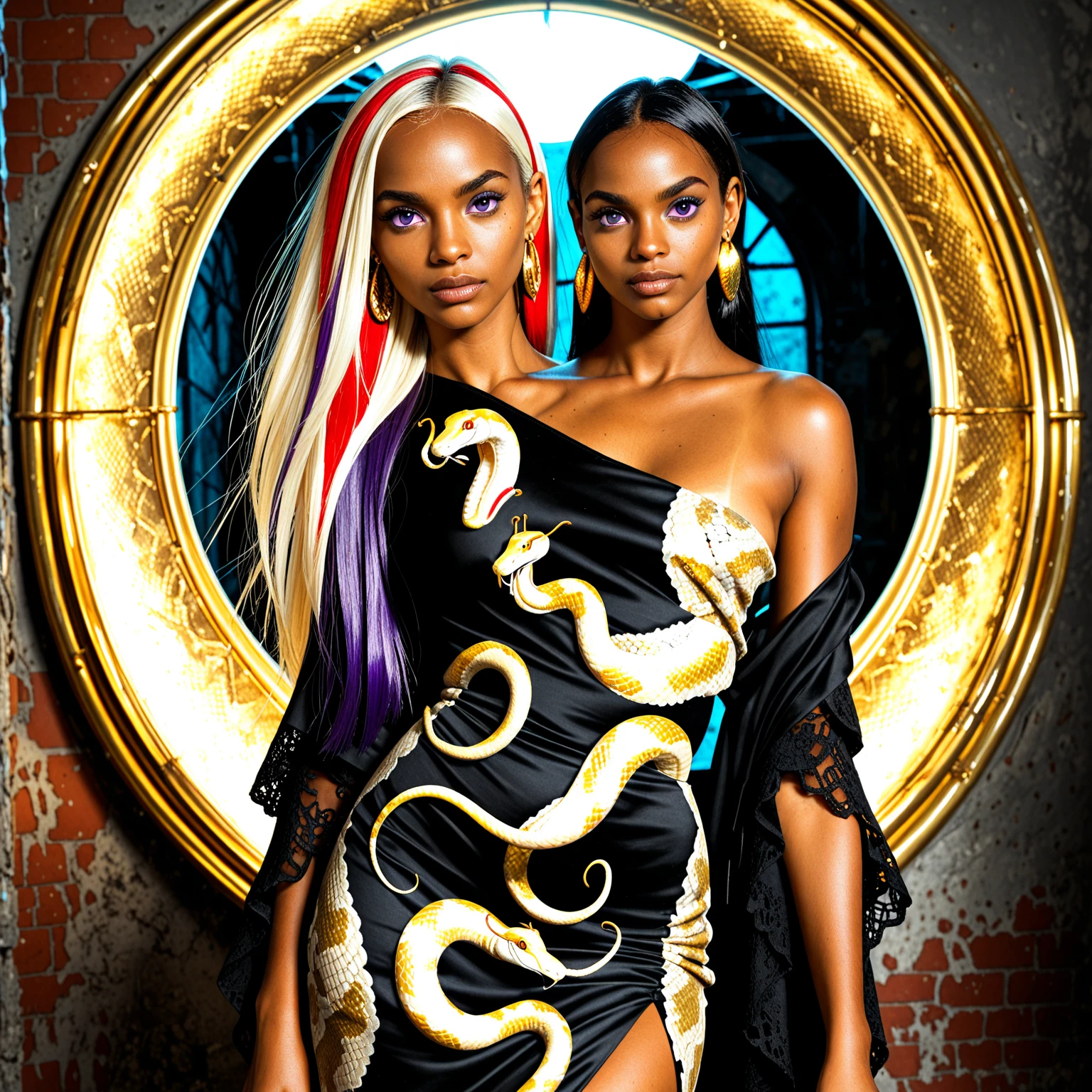 1 girl, (iridescent hair, colorful hair, half blue and half pink hair: 1.2), 17 years old, blue_sky, holding a magic wand, summer (season), petals_on_liquid, black cloak with hood, red and black torn dress, skirt: 1.2, (gold long curly hair: 1.5), sky, outdoor, clouds, bangs, smile, sky blue eyes, bare shoulders, perfect hands, Hand details, repaired fingers. Earrings, sea + background, looking_at_viewer, cowboy shot, top quality, rich detail, perfect image quality, sunrise