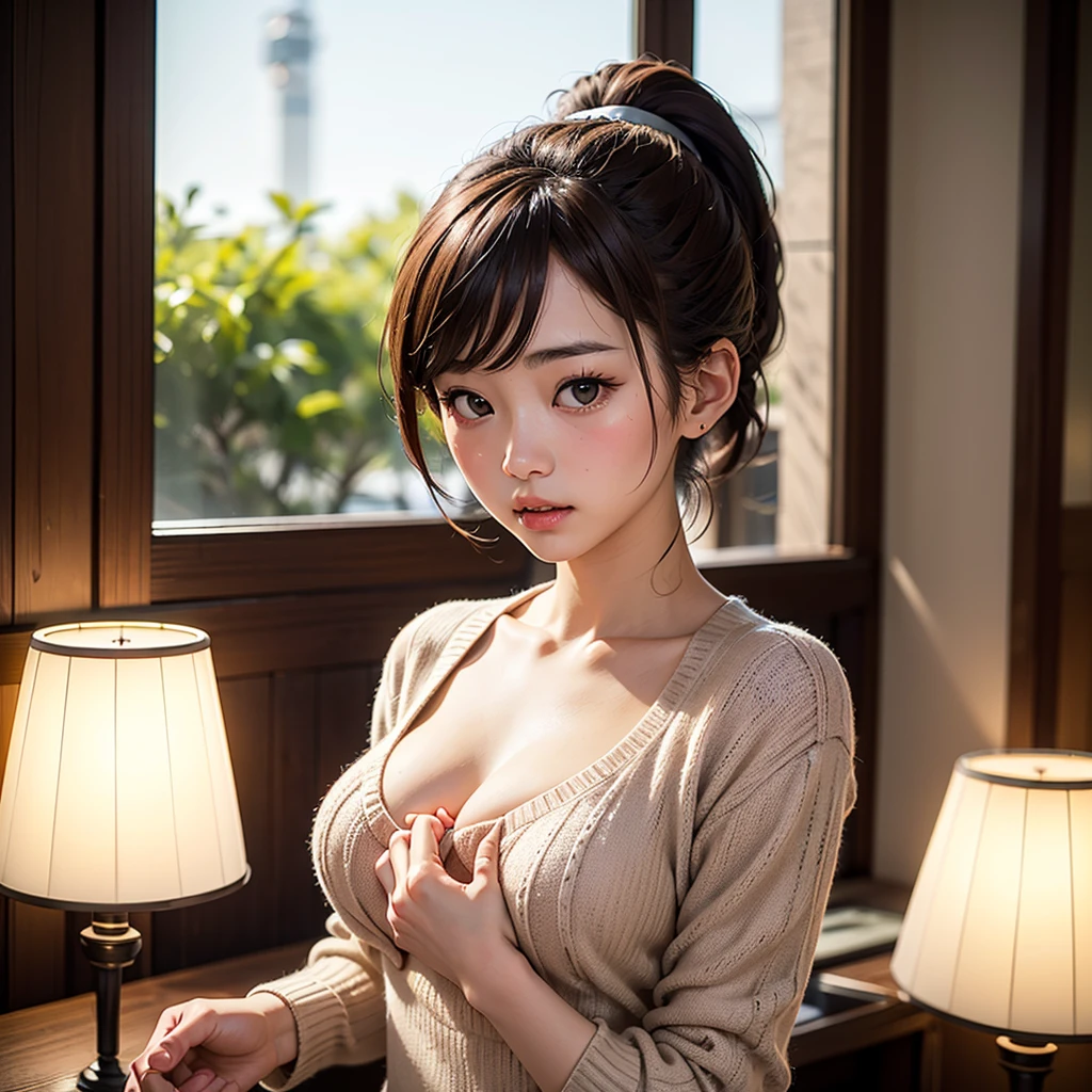 Highest quality、masterpiece、One Girl、On all fours、to close range、blush、Kamimei、Staring at this、Cute anime illustrations、Loose fitting T-shirt, Cleavage, Small breasts, In the room, window, Cute pose, Beautiful pose, cuteness, Beautiful breasts, showing Cleavage, Highest quality, One_eye_close, :is, Very good、(Well good)、Nipples
