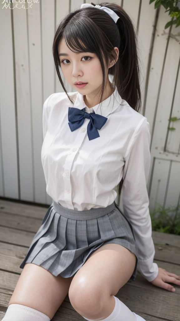 (8K、top-quality、masterpiece:1.2)、(reallistic、Photorealsitic:1.2)、 Phenomenally cute girl、14years、sitting on、(((pantyshot)))、(((Spread your legs apart)))、独奏、Classroom、watching at viewers、(Sit up:1.5)、In the school、Chest that looks like it's going to burst、Fine and beautiful eyes、)、(Dark blonde hair:1)、(short-hair:1.1)、pantyshot, Spread your legs apart, skirt by the, student clothes, Pantiles, sockes, A dark-haired, The shirt, bblurry, blurry backround, knee high, white shirt, lowfers, life-like, length hair, s lips, Brown-eyed, Black socks, neck tie, pleatedskirt, the bow, head rest, looking to side, plein air, Brown Footwear, masterpiece, top-quality, ultra-detailliert、(((pantyshot)))、(((Spread your legs apart)))、Inviting eyes、