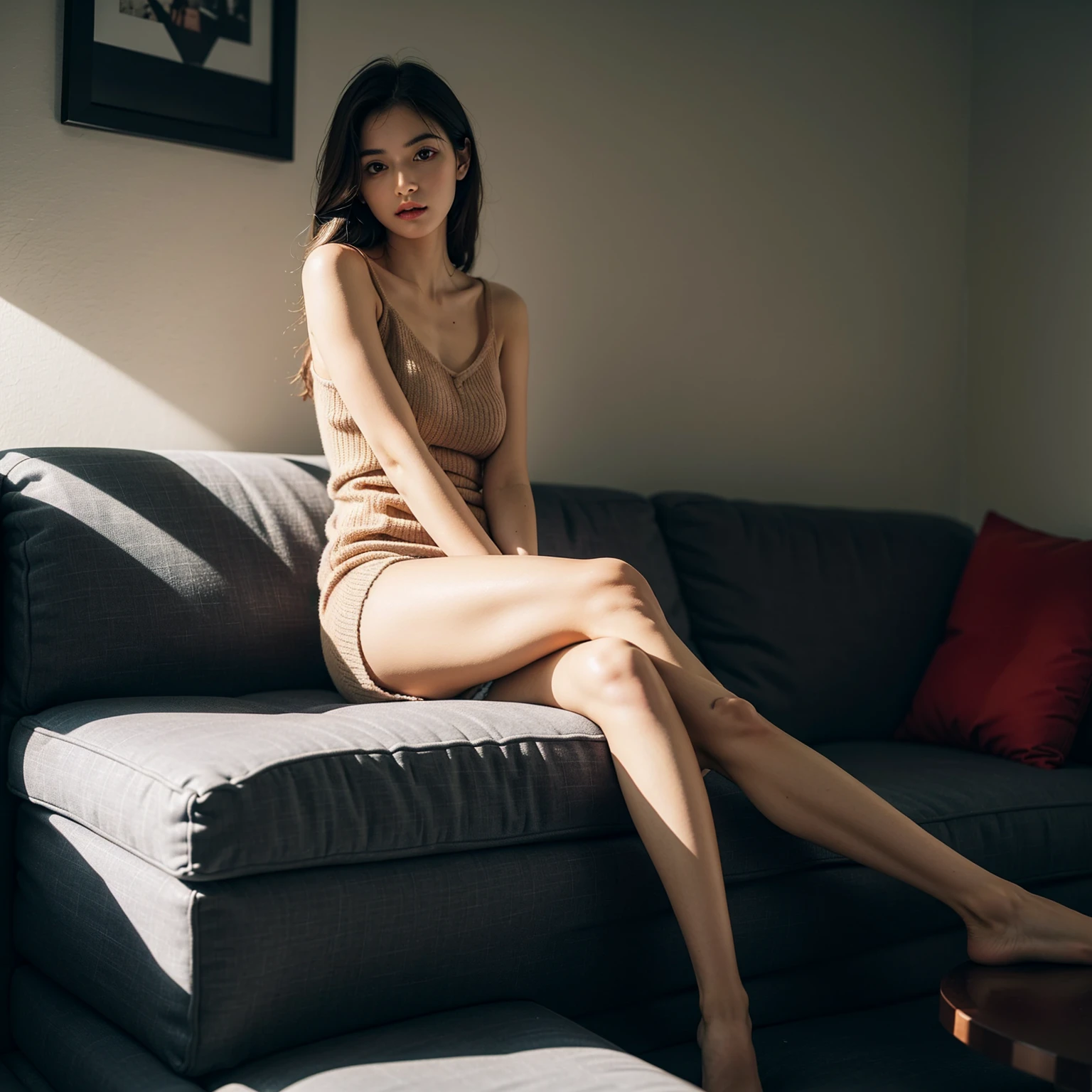 1girl,sitting on a cozy couch,crossing legs,soft light, the most beautifull girl in the entire universe
