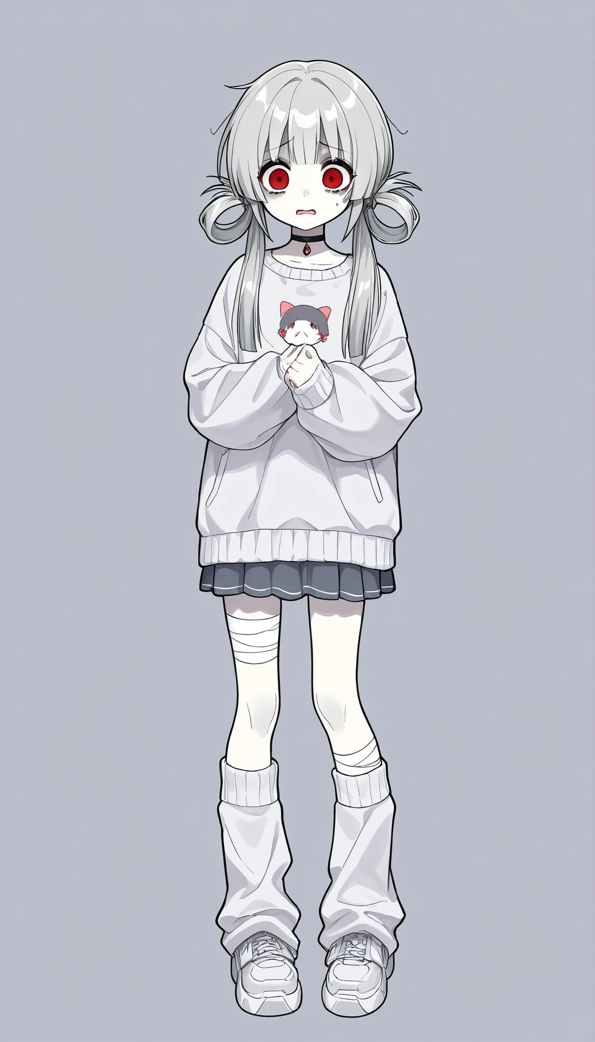 (((Highest Quality))), (Simple background), 1girl, scared expression, pale skin, full body, standing, red eyes, grey hair, straight hair, hair rings, low twintails, mizuiro, cozy, bandages, bandaids, choker, skirt