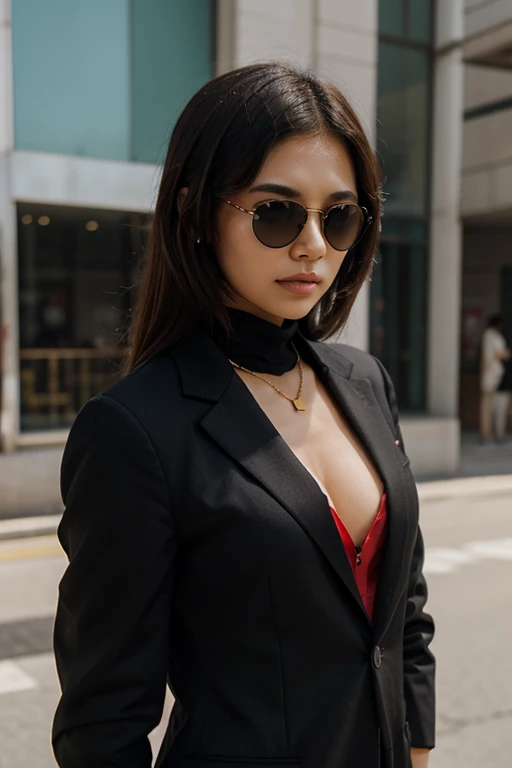 Gorgeous woman, twenty five years old, Indonesian, she is a top model, stylish, fashionable, unique modeling pose, black tank-top paired with black blazer & black mini skirt, black sun glasses, Jakarta high rise building rooftop