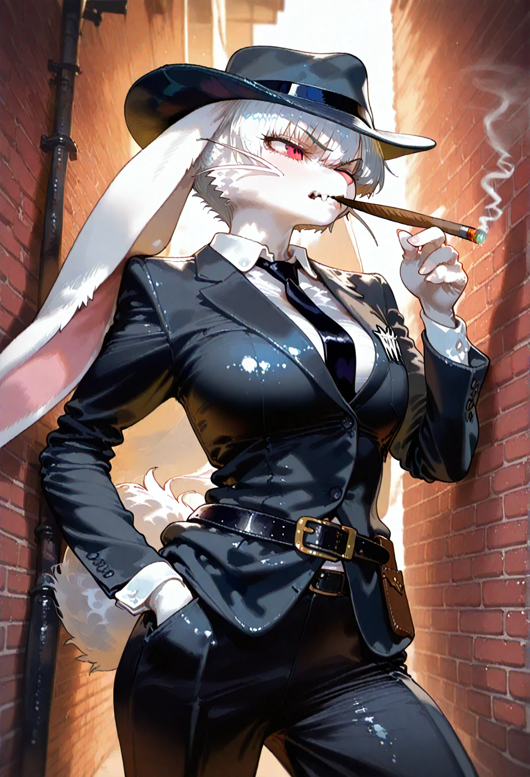 Solo, score_9,score_8_up,score_7_up, source_anime, Anthro, himeno chainsaw man, eyepatch, standing, she is an Anthro furry white rabbit, bunny girl, rabbit ears, bunny snout, simple white background, wearing white collared shirt, black tie, black pants, black blazer, smoking a cigarette,