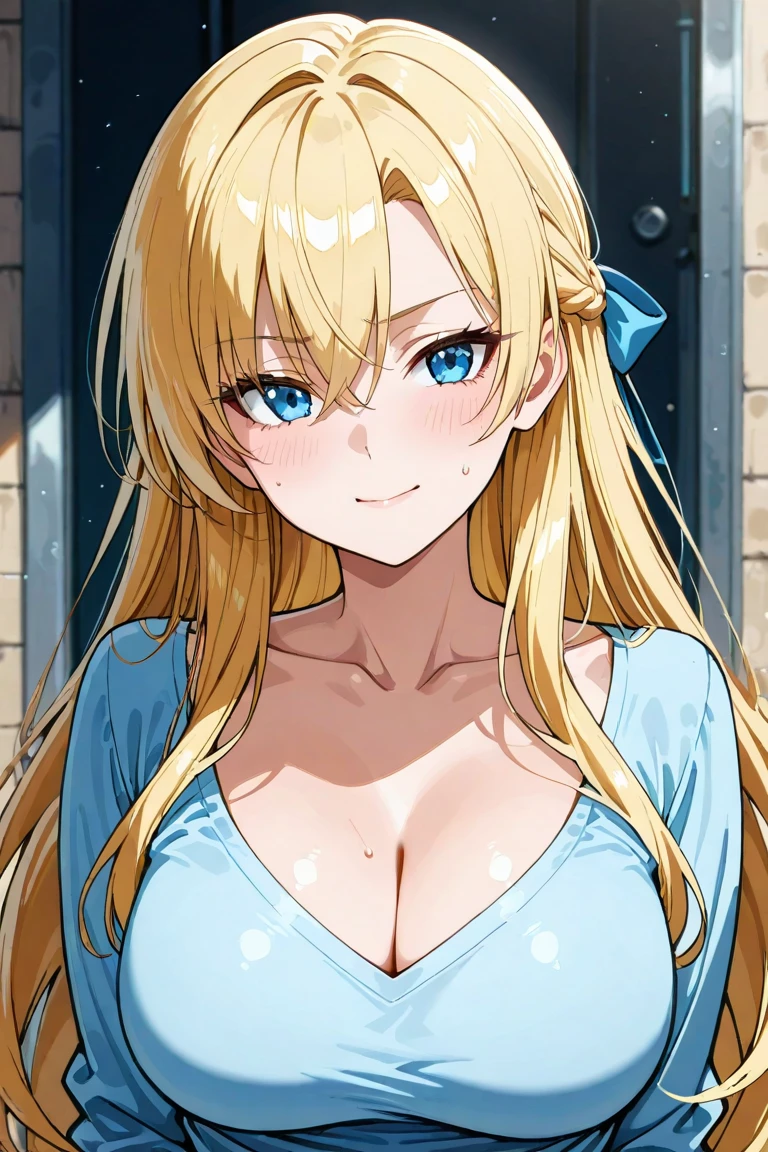Blonde woman with long hair and blue dress posing for a photo, realistic anime art style, Photorealistic anime girl rendering, Smooth anime CG art, anime realism style, realistic art style, realistic young anime girl, Amazing digital painting, Realistic anime 3d style, beautiful anime portrait, realistic anime art style, close-up character portrait, realistic 3d animation, anime style portrait