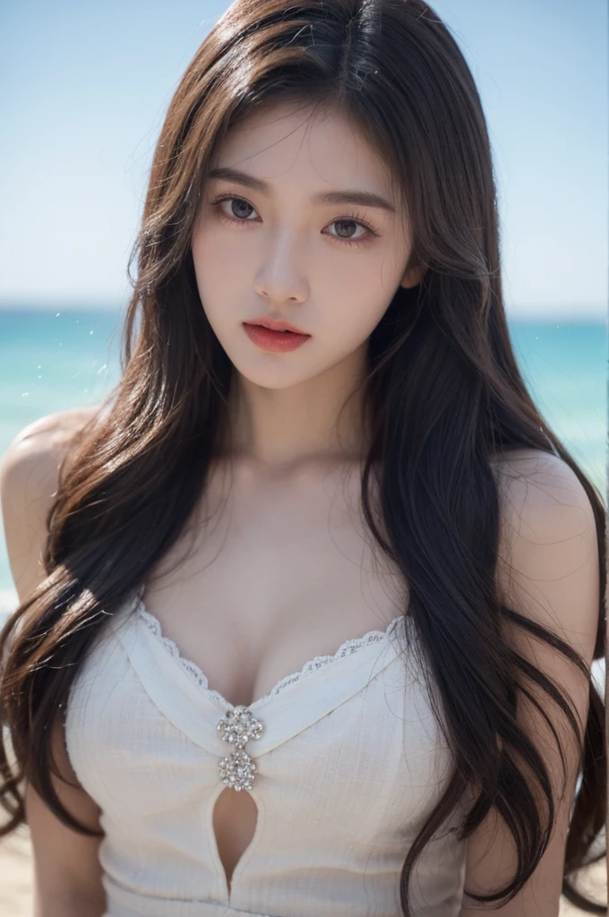 1girl, (looking at viewer:1.2), detail face, (a girl standing, rending on , sun falling and beach backdrop，（D cup，Cleavage，White translucent bandeau，), romanticism, atmospheric, (RAW photo, best quality), (realistic, photo-realistic:1.3), masterpiece, an extremely delicate and beautiful, extremely detailed,