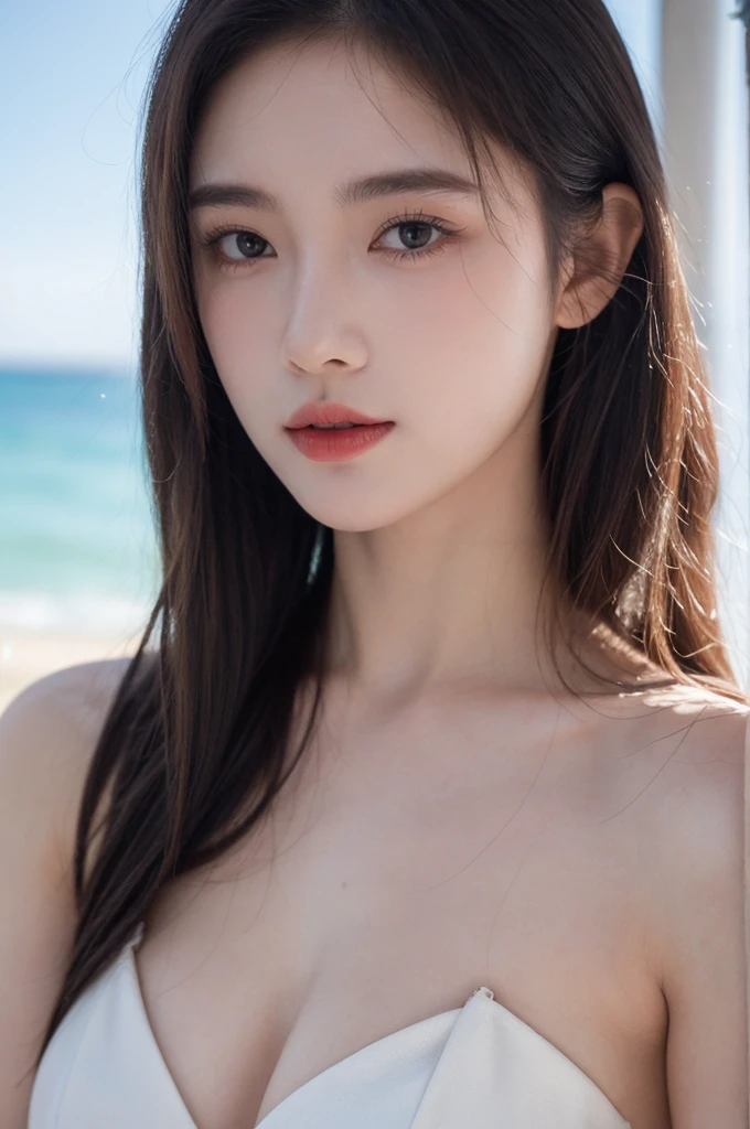 muste piece, best quality, Super detailed, fine details, High resolution,girl1, Asian、white skin、NSFW, not wearing clothes,(bare chest:1.3),detailed nipples、Realistic nipples、small areola、pink nipples、pale pink areola,big smile,hair nude、anatomically perfect、straight nose、beautiful woman、Super detailed細, 、black hair、detailed chest、sunny beach,cobalt blue sea、Reality、photorealistic、courage、A little upward、invite the gaze、(Mood up the body line:1.1)、(Improve skin texture:1.1)