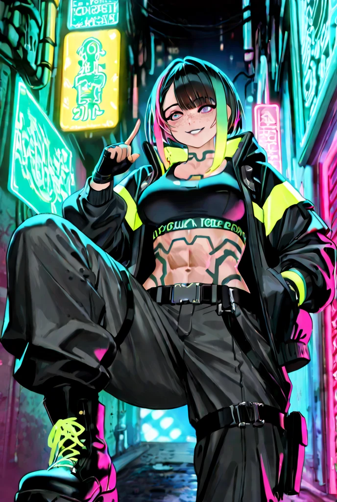 (8k),(masterpiece),(Japanese),(8-year-old girl),((innocent look)),((Childish)),From the front,smile,cute,Innocent,Kind eyes,Flat chest,Hairless vagina, Cameltoe, Uchiha Sarada, glasses,short,Hair blowing in the wind,Black Hair,Strong wind,night,dark, Neon light cyberpunk Konoha Village