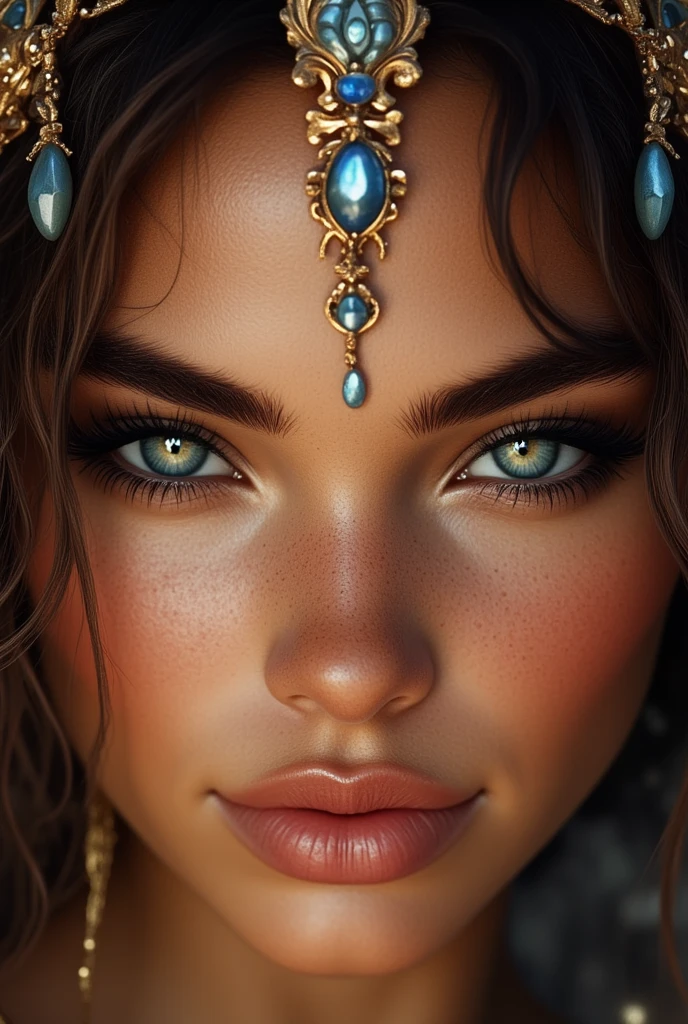 (masterpiece), best quality, very aesthetic, expressive eyes, ultra detailed, intricate details, ((ultra realism, mature woman, 1girl, looking at viewer, cosplay themed, shiny skin, in the desert, matari cosplay from naraka bladepoint, close up, arched back, armpits, wearing a dark green crisscross longuette, cotton clothes, crisscross green bands on waist, waist decoration, tiara, cleavage, golden leglet, side slit, navel, arms behind head, necklace, earrings, dark green stockings, striking a elegant dance pose, dark green shorts, navel piercing, sleeves, bare shoulders, cozy vibes, soft blush, moan, arabian vibes, small breasts)), (aqua eyes, black hair, rin tohsaka, long hair, hair down, parted bangs, blue eyes),