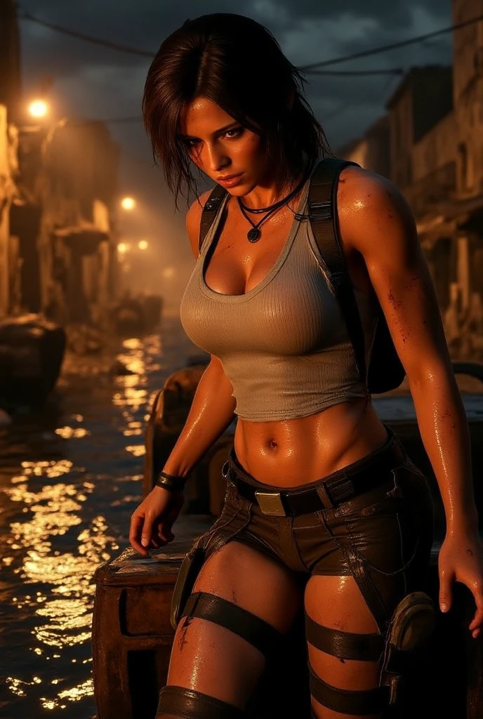Lara Croft sitting on the beach at night, the scene is lit by a campfire, a ship wreck in the background behind Lara, bandages on her arms and legs, blood stains on her body, wearing ripped clothes, ripped shirt, ripped jeans, she is sweating
