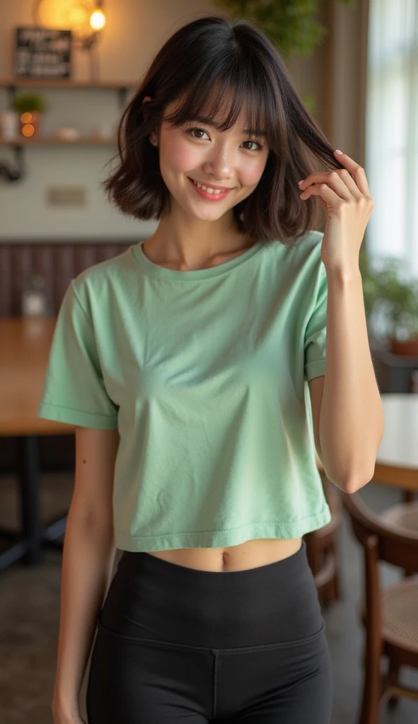 short brown hair, green shirt, white shorts, perfect eyes