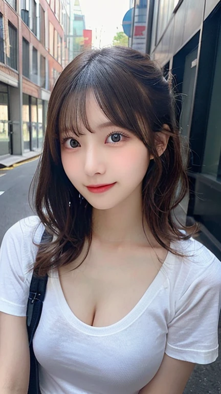 ((best quality)), ((masterpiece)), (detailed), perfect face. Asian girl. Selfie. Blank T-shirt. Wall. Cleavage. Low lighting.