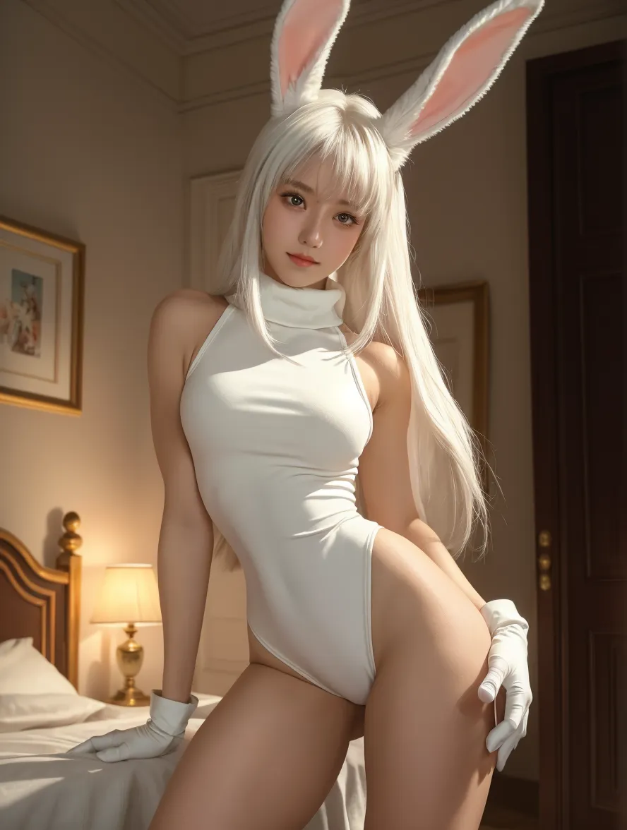 masterpiece, best quality, 1girl, White hair, red eyes,  bunny head band, short hair,blush,solo,beauty,girl,photorealistic,(naked),standing,(no panty),slender,sexy pose