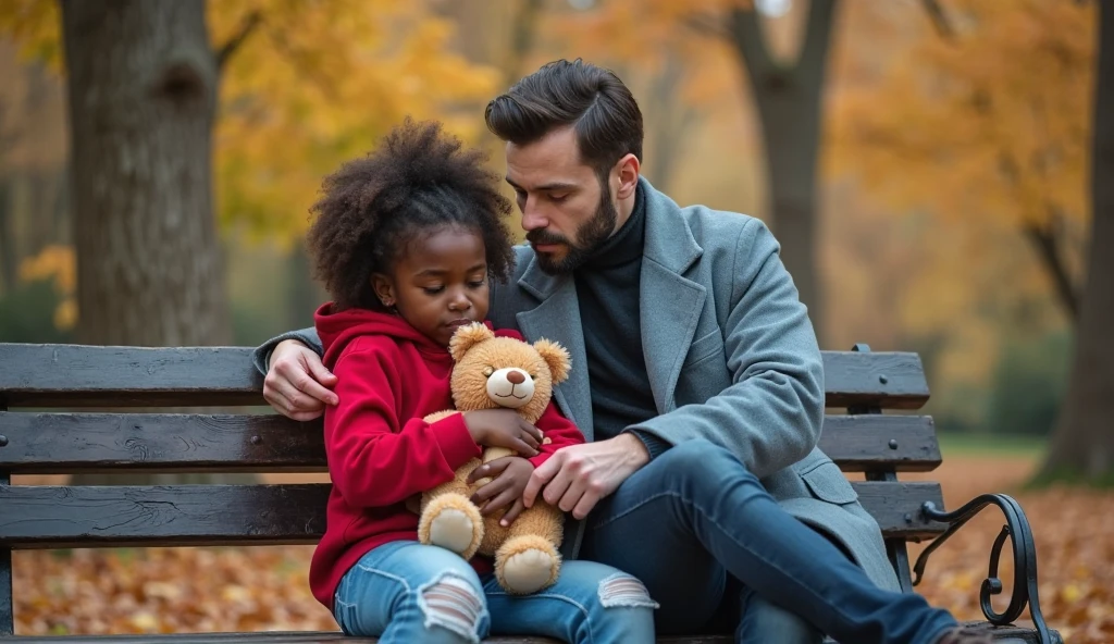 Adult man crying with his large teddy bear.
Man with long blond hair and blue eyes, short stature, Japanese appearance, with a tall, dark-skinned man
