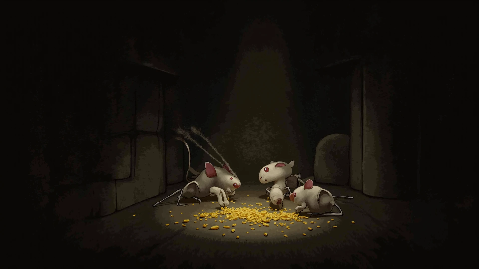 Over the ground blood and ruins but no rat.
Under the ground a rat family celebrating. Two parts are separated.