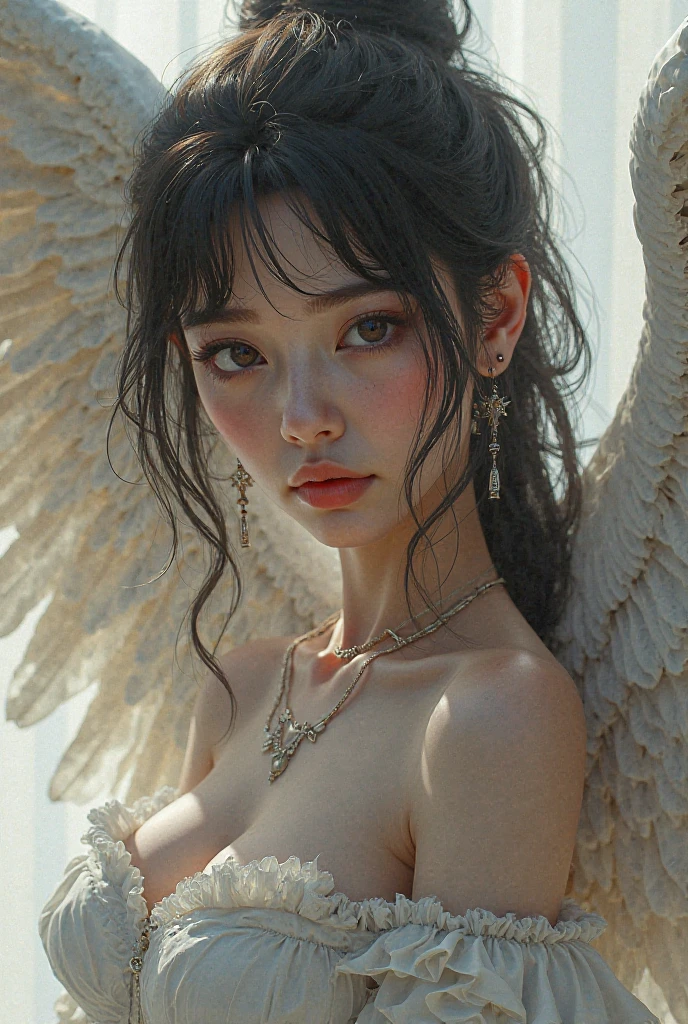 (obra maestra, Mejor calidad:1.4), (Future days), (de pie:1.5), (((angewomon))), ((((casco en la cabeza que cubre hasta los ojos)))), ((cuerpo delgado)), ((cuerpo femenino y delgado)), ((manos femeninas)), ((dos manos, dos piernas)), (dynamic angle), 1 chica, solo, (juventud europea:1), angewomon, Digimon, casco alado, (((casco sobre los ojos))), casco puesto, ojos cubiertos, White multiple wings, alas blancas, Hagoromo rosa, unique glove, sin tirantes, mono blanco, gold sin tirantes bra, cinta negra, dos cinturones, hermoso rostro, Cara muy detallada, piel muy detallada, poros de la piel, subsurface dispersion, realista pupils, (nsfw:1.4), (( small breasts)), ((cuerpo completo)), , rubor de cara completa, labios llenos, antecedentes detallados, profundidad de campo, volumetric lighting, sharp focus, absurdos, realista proportions, buena anatomia, (realista, hyperrealista:1.4), 16K HDR, disparo desde arriba