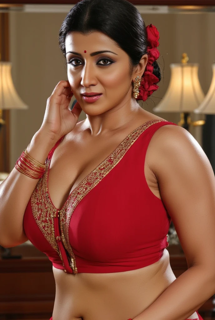 Wearing a sexy satin saree with strapless Bra, sexy Indian housewife, Looks like Indian Actress Nayanthara, actress Nayanthara, mallu, mallu aunty, desi aunty, full figured mature beauty, sweaty skin , shining skin, sweat, attractive figure, 48 years old, spicy hot, desi milf, desi aunty, a close up of a woman in a red dress in a bedroom, inspired by Avigdor Arikha, sleek!!!, indian super model, wavy hair combed to one side, actress, by Jitish Kallat, smoldering, intense smoldering, fashion, an angel, print ready, with a dramatic looking, inspired by Sudip Roy, seductive look, sexy Saree queen, sexy Saree fashion, seductive Saree, wear saree, sizzling hot Beauty, red juicy lips, highly detailed armpits, armpits hair,