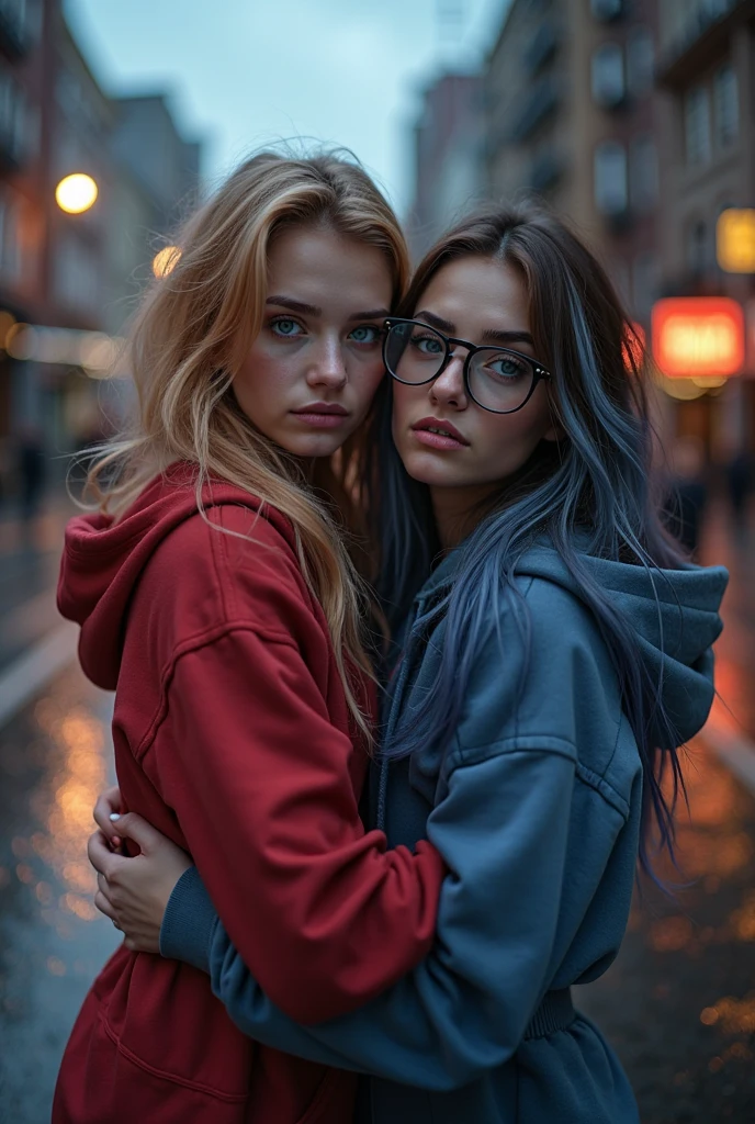 Best quality, volumetric lighting, cinematic lighting, masterpiece, ultra high res, 4k, (soft round detailed face), (sexy expression), (very detailed glowing green eyes), bags under eyes, thick eyebrows, tired, depressed, melancholy, grief, despair, (wearing rounded glasses), (very pale light skin), detailed hair, ((long messy greasy hair)), (plain black hoodie), hoop earrings, black nail varnish, black eyeliner unwashed, unkempt, disheveled, twilight, dark clouds, sitting on a high hilltop, distant city skyline in the background, small breasts