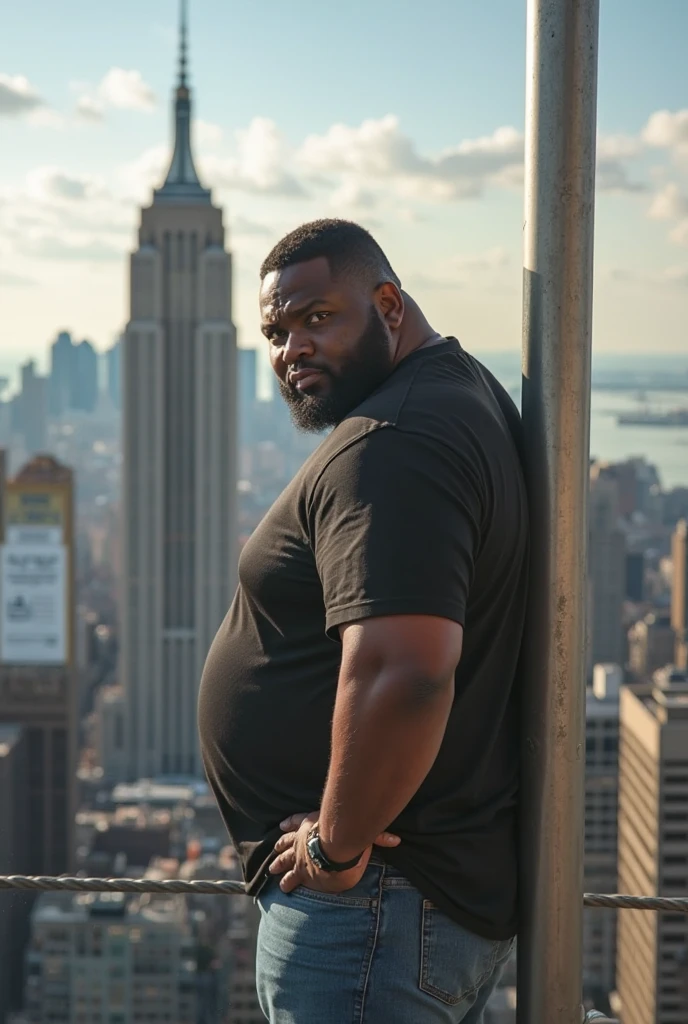 Un hombre (sexy) africano calvo cacheton gigante, obeso, barrigon, serio, 50 years old grumpy with 35 meters tall bodyguard with a huge round shaped belly with a full heavy body, leaning inside an elevator with a huge distended belly sticking out to the side like an expanding balloon, usando una camisa negra, black pants, gafas de sol su vientre tiene la forma de un enorme globo inflado lleno de agua colgando entre sus rodillas, con sus brazos abiertos