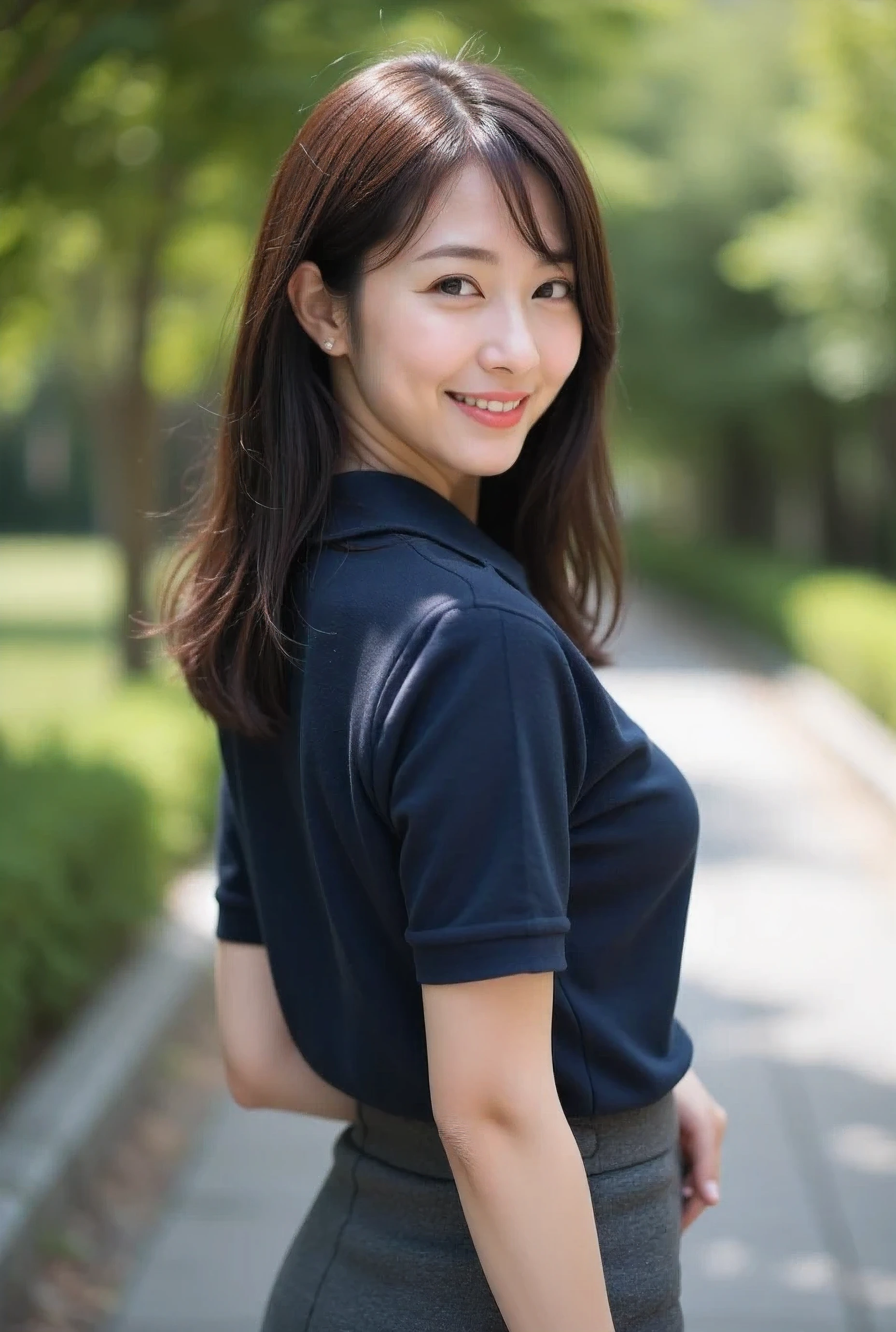 (masterpiece, photorealistic, natural shading:1.4)
(A very beautiful 28-year-old Japanese woman),
(A cute oval-shaped face:1.2),
(A gentle smile with slightly droopy eyes),
(A delicate figure, a voluptuous bust:1.3),
(Straight, medium-length, dark brown hair),
(A tight, midi-length, dark gray pencil skirt),
(A dark navy blue polo shirt:1.4),
(Smiling with a calm expression, looking at the camera over her back),
(A shot of her above the knees from the side in the shade of a bright park)