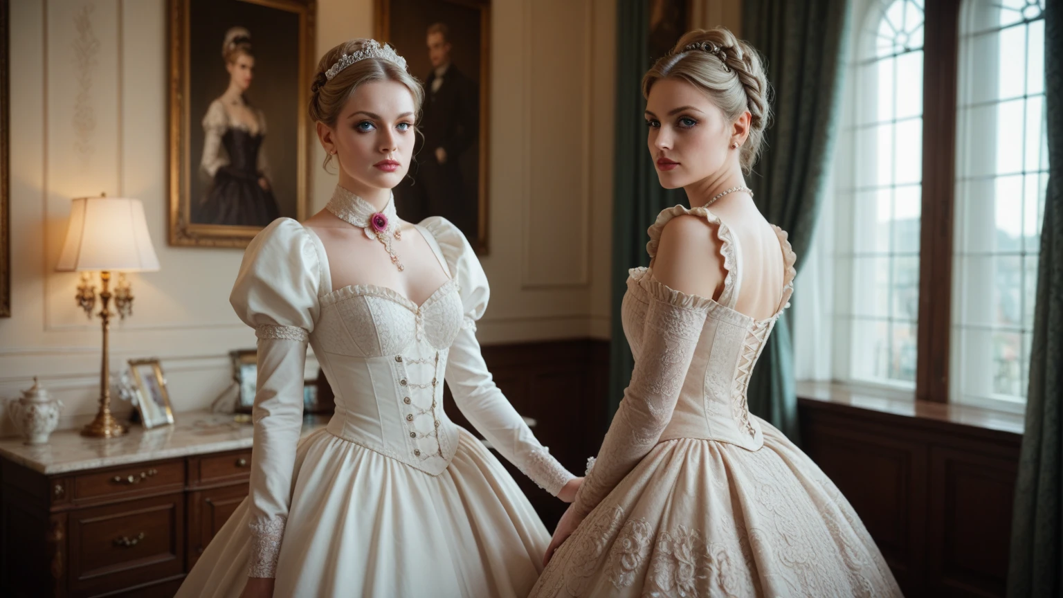 identical blonde octuplets, in a fancy room, victorian style, hugging the girl next to her, kissing each other in the mouth, some of them are in the background filling the entire space of the room, looking at themselves, looking to big sized mirrors on the wall, reflections of them in the mirror with mirror images of them and looking at them, some of them playing with each other, smiling, symmetrical body, full body, entire body, realistic, 22 years old, large-breasted, wearing nothing, muscular and athletic bodies, showing legs and thighs, showing knees, beautiful face, sunlight, cinematic light, perfect eyes, perfect anatomy, very cute, centered image, life size, 8k resolution, human hands, wonderful, elegant, approaching perfection, dynamic, highly detailed, smooth, stunningly beautiful girls, detailed hairstyle, hand with five fingers, body with two arms, body with two legs, bodies with same height, same color hair, straight hair, ((light blonde hair)), raw, 8k, looking at themselves, body in the background with torso and legs, wide angle shot, dynamic angle,