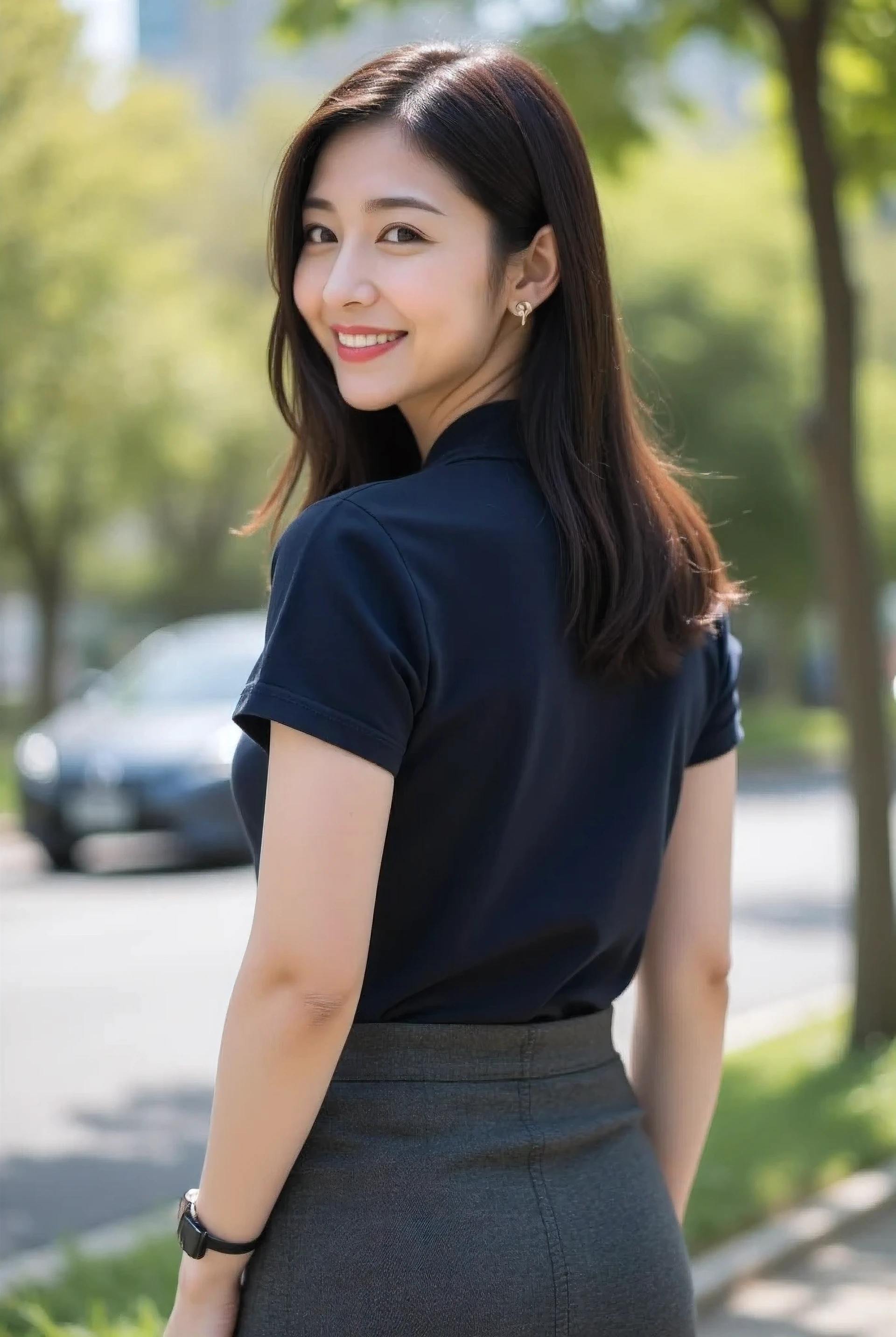 (masterpiece, photorealistic, natural shading:1.4)
(A very beautiful 28-year-old Japanese woman),
(A cute oval-shaped face:1.2),
(A gentle smile with slightly droopy eyes),
(A delicate figure, a voluptuous bust:1.3),
(Straight, medium-length, dark brown hair),
(A tight, midi-length, dark gray pencil skirt),
(A dark navy blue polo shirt:1.4),
(Smiling with a calm expression, looking at the camera over her back),
(A shot of her above the knees from the side in the shade of a bright park)
