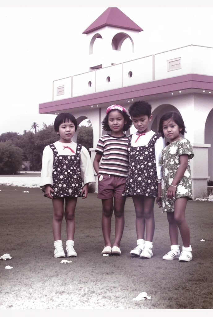 there are a group of children posing for a picture together, old picture, an indonesian family portrait, profile pic, profile picture, old photo, scanned in, siblings, family portrait, barong family, 1 9 7 0 s photo, 1970s photo, 70s photo, 7 0 s photo, scanned, about 3 5 years old