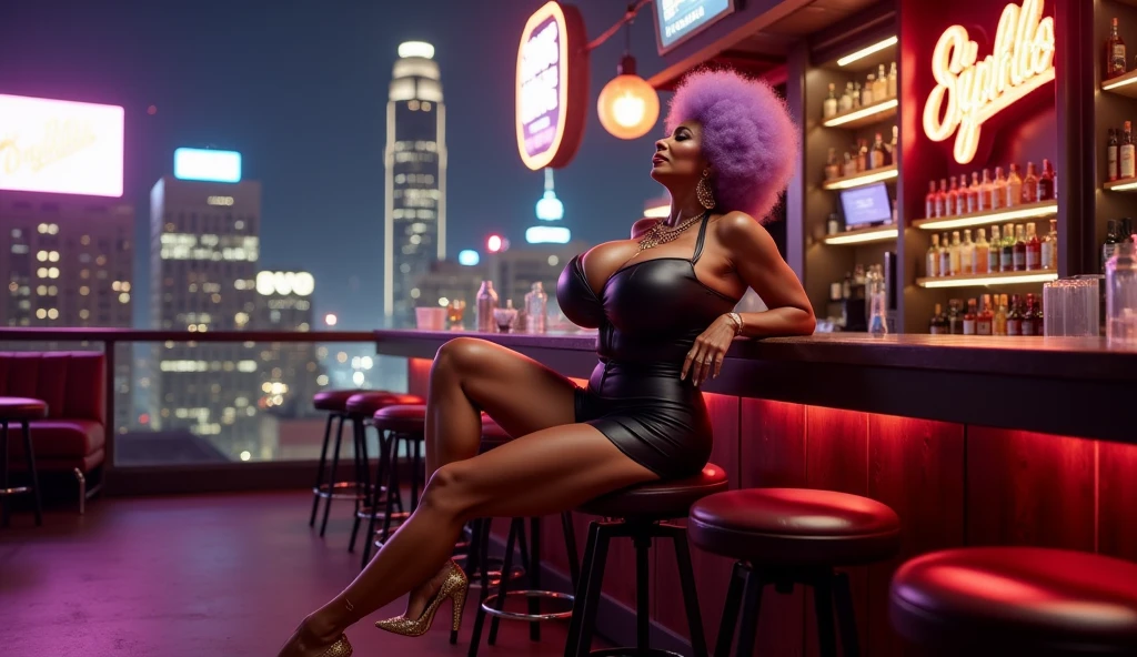 photo of a blue alien posing at a futuristic bar on an alien space ship, looking over her shoulder, thick, (short orange afro), tight attire, violet myers with an afro, seductive lady, (orange hair), thick thighs, (exposed legs), beautiful thick alien, gorgeous lady, curvy hourglass figure, tight black blouse, thick, doja cat, lit from the side, gorgeous woman, black tank top, cardi b, very curvy, thicc