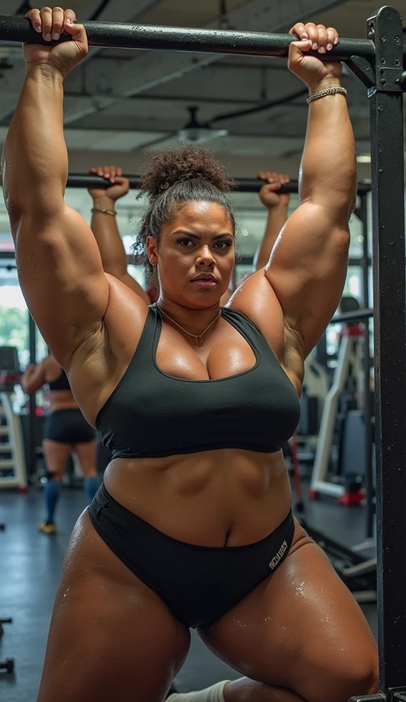 arafed woman in a black bodysuit posing for a picture, thick body, fit curvy physique, thicc, beautiful thick female, posing and flexing, strong pose, thick thigs, strong and imposing, thick, thick thighs, curvy build, feminine and muscular, body is strong and upright, bursting with muscles, ifbb fitness body, strong body