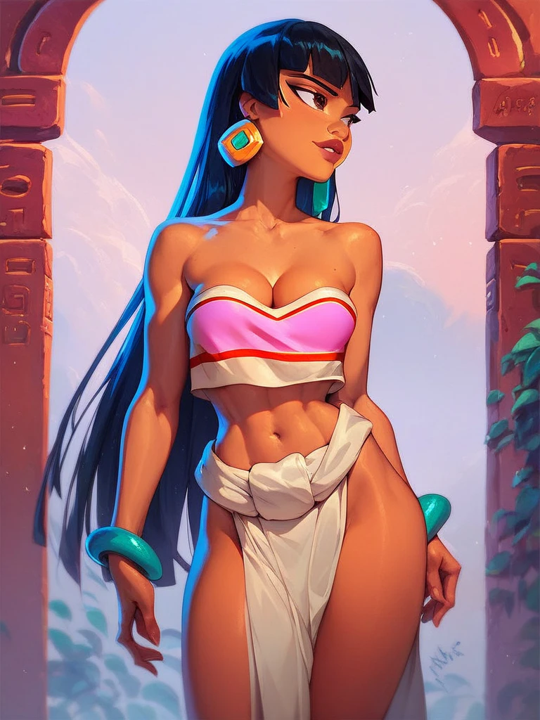 (masterpiece, best quality:1.2), 1girl, solo, chel_eldorado, cartoon, disney style, disney, young body, dark skin, black tube top, pulling down panties, removing underwear, undressing, no panties, bottomless, sliding panties down, exposed navel, wearing black lingerie underneath, soaking wet, reflective skin, wide eyes, looking at viewer, transparent clothes, collar, stockings, wet clothing, loin cloth, skin tight, choker, garter belt, standing, absurdly long hair, very long hair, bangs, (blunt bangs:1.1), lips, earrings, black eyes, brown eyes, dark-skinned female, (detailed, highres:1.2) disney animation style, clean details, soft features, young, fishnets, French maid, maid outfit