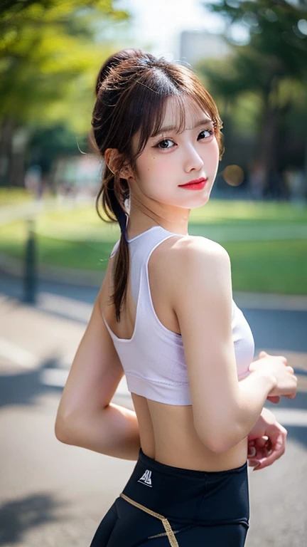 masterpiece, Best quality, Ultra-high resolution, High detail photos, Unity 8K Wallpaper, Extremely detailed CG:1.2), Depth of Field, Bokeh, (original photo:1.Realistic Photography:1.4), (1 Girl:1.5), young, Chinese Girl, whole body照, Physically based representation, fair, (Exquisite facial details:1.4, Detailed clothing, Tie your hair into a bun), (detailed:1.4) named (Hidemi Fukada:1.1) rest Cara hermosa, Depth of Field, Add layer, hyper-realistic, 14 years old, Perfect body model, Perfect breasts, Height 165 cm, Strike sexy poses, whole body, whole body, Dancer body type, rest (White tight cropped top, Black leggings:1.3), (long hair:1.2), doble parpado rest garden, Smile, (From below:1.5), Stick your butt out, Turbulent posture, Nipple protrusion, Nipple protrusion, Nipple protrusion, Small seam recessed, , , Running Water, Running Water