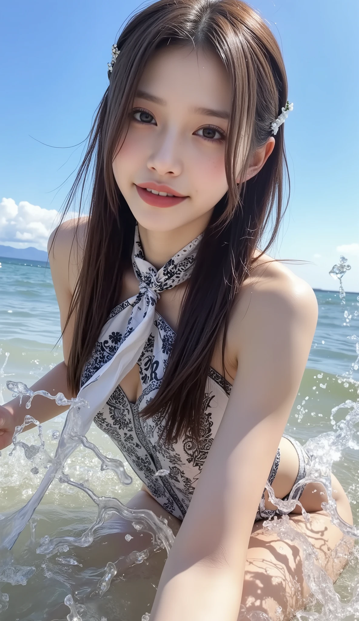 Asian woman in black micro bikini sitting on a ledge near the sea, It's hot with the shining sun, realistic Young Gravure Idol, Young and cute gravure idol, Gorgeous Chinese Model, Trending on cgstation, Young Gravure Idol, Trending on cgstation, Gorgeous Young Korean Woman, Young and sexy gravure idol, Young and skinny gravure idol, Beautiful Asian Girl, Li Zixin