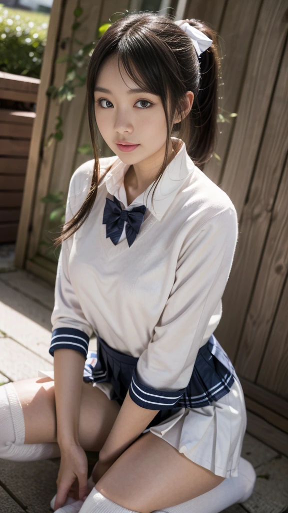 I am sitting on the floor of the School gymnasium and observing classes because I am not feeling well.(masterpiece, highest quality:1.2),figure,8k,High resolution,One girl,alone,Upper Body,(Portraiture:1.2),Brown_hair,Folding_ponytail,Brown_eye,serafuku,length_hair,School_uniform,skirt,Pleats_skirt,