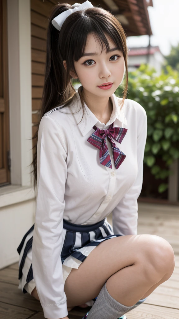 (masutepiece, Best Quality:1.2), in 8K, 18year old, Official art, Raw photo, absurderes, Pretty Face, close up, full body Esbian, School uniform,No shirt、 (Navy pleated skirt:1.1), Cinch West, thighs thighs thighs thighs, Short sleeve, Looking at Viewer, (Smile:0.4), Film grain, chromatic abberation, oppai、foco nítido, face lights, clear lighting, Teen, Detailed face, Bokeh background, (dark red necktie:1.1)、Super Detail、physically-based renderingt、copulation OK、18year old、Married Woman Japan Baby Face、school classrooms、early evening、flawless skin、A sexy、happy facial expression、Simple lace hair ornament、Soft light、best qualtiy、Big breasts drooping from side to side((Bust:90cm))、Brown Short Hair、Ponite、Lying on the desk、no clothe、((Legs wide open:1.5))、(Show off your crotch:1.5)、lace see-through micro panties、((Pubic hair is transparent))、Naked and embarrassed、(looking at the viewers)、