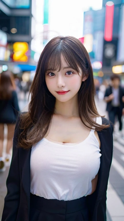 (8k, RAW photo, best quality, masterpiece, ultra detailed:1.2),(realistic, photo-realistic:1.4), sharp focus, depth of field, blur background, bokeh, cinematic lighting, soft light, cute Japanese idol, (detailed skin: 1.2), pale skin, brown eyes, smiling, looking at viewer , ((black winter coat)), winter, urban city, dating, (cleavage:1), (big breasts), (upper body shot:1.2)