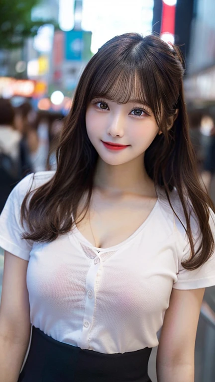 ((Midnight, Best quality, 8k, Masterpiece :1.3)), Whole body, Long legs, Sharp focus :1.2, A pretty woman with perfect figure :1.4, Slender abs :1.1, ((Dark brown hair, huge breasts :1.2)), (White tight tshirt, Jean bib, Standing:1.2), ((Night village view, Rooftop:1.3)), Highly detailed face and skin texture, Detailed eyes, Double eyelid