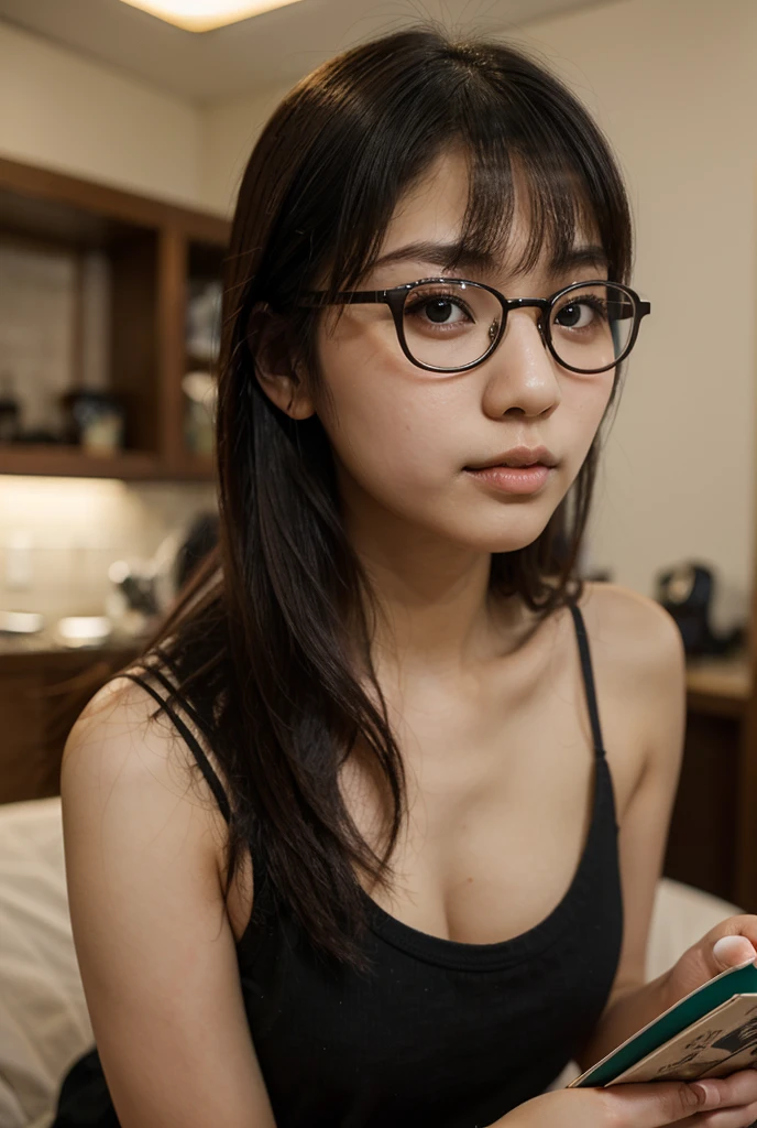 8K、top-quality、masterpiece、超A high resolution、photo-like、SLR、beautiful japanese female、Elegance、There is a good、Gentle face、Beauty of the wind、eye glass、Fashionable glasses、eye glasses、Moist beauty、short-cut、Keep your bangs neat and tidy、Looking down,From below,、The eyes are far away、Transparent atmosphere、Beautiful face、Raised corners of the mouth、drooing eyes、Tanuki face、wrist watch、a necklace、A bracelet、Gradient lighting、Drop long bangs to the side、Girls and men、Delicate skin、Look into the distance、Brown-eyed、up chest、the shape of the chest is clear,,,,,,,、very very gigantic boobs、breasts are large、Raw photography、pureerosface、barechested、No clothes are worn、Take your eyes off、subject、Lean、barechested、Boob shape、High West、Look here、Ass big、big butts、bbw、morning sunlight、Morning Home、Station platform、The morning sun is dazzling、station、Waiting for the train、station、smil、sideways Facing、Angle from the side、Angle from a little below、body is turned sideways、be shy、