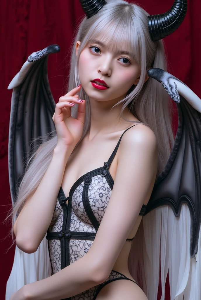 (hyperrealistic), (illustration), (high resolution), (8K), (extremely detailed), (best illustration), (beautiful detailed eyes), (best quality), (ultra-detailed), (masterpiece), (wallpaper), (photorealistic), (natural light), (rim lighting), (detailed face), high detailed realistic skin texture, anatomically correct, solo, 1girl, (high detailed realistic short hair), (white hair:1.3), (heterochromic eyes), (detailed red glowing eyes), (small moles under the eyes), (realistic huge breasts:1.3), (cleavage), (bare shoulders), (long legs), (tight abs), (dynamic pose), (closed lips:1.3), (full body), absurdres, highres, ultra detailed, eyeliner, sideboob, narrow waists, demon wings, devil horns, tattoo, detail background, FireMagicAI, intricate, Darkness Empire,