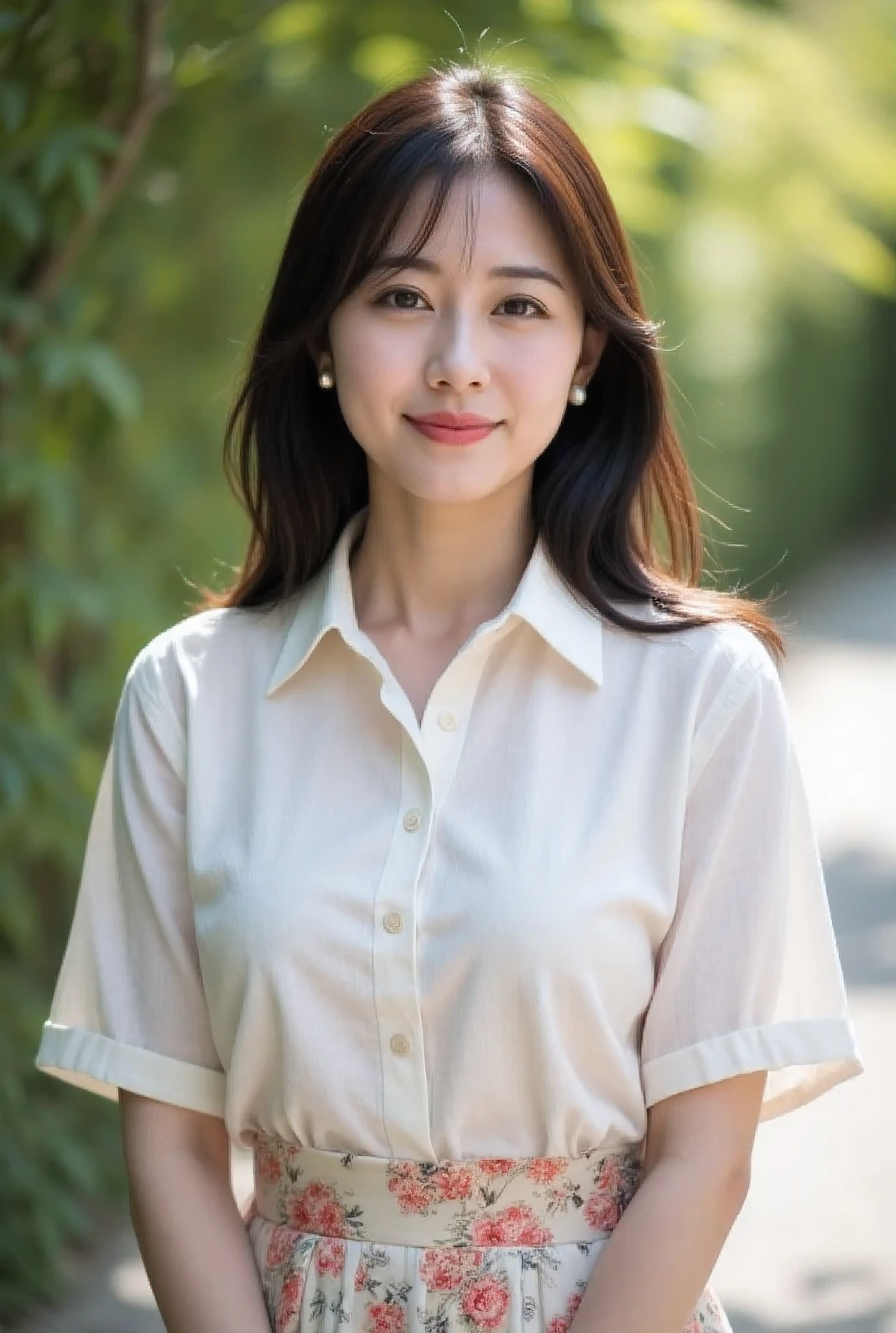 (masterpiece, photorealistic, natural shading:1.4)
(A very beautiful 28-year-old Japanese woman),
(A cute oval-shaped face:1.2),
(A gentle smile with slightly droopy eyes),
(A delicate figure, a voluptuous bust:1.3),
(Straight, medium-length, dark brown hair),
(Floral-patterned flared skirt reaching to the knees),
(White, sheer, linen short-sleeved shirt blouse:1.4),
(Smiling calmly in the shade of a bright park)